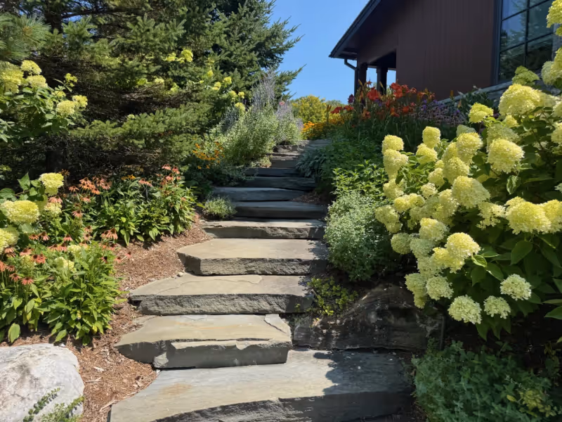 Natural stone steps bordered by hydrangeas, flowering perennials and established trees.